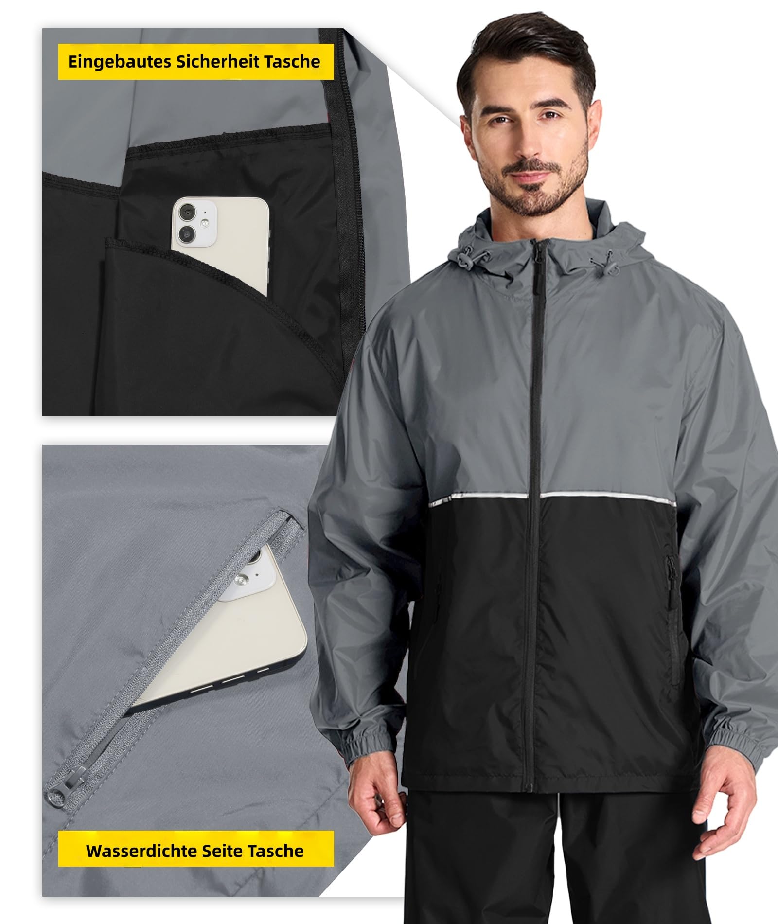 ZITY Regenjacke Herren Wasserdicht Atmungsaktiv Windbreaker mit Kapuze Fahrrad Regenmantel Ultraleicht Faltbar Rain Fahrradjacke Man Dünn Sport Angeln Outdoor