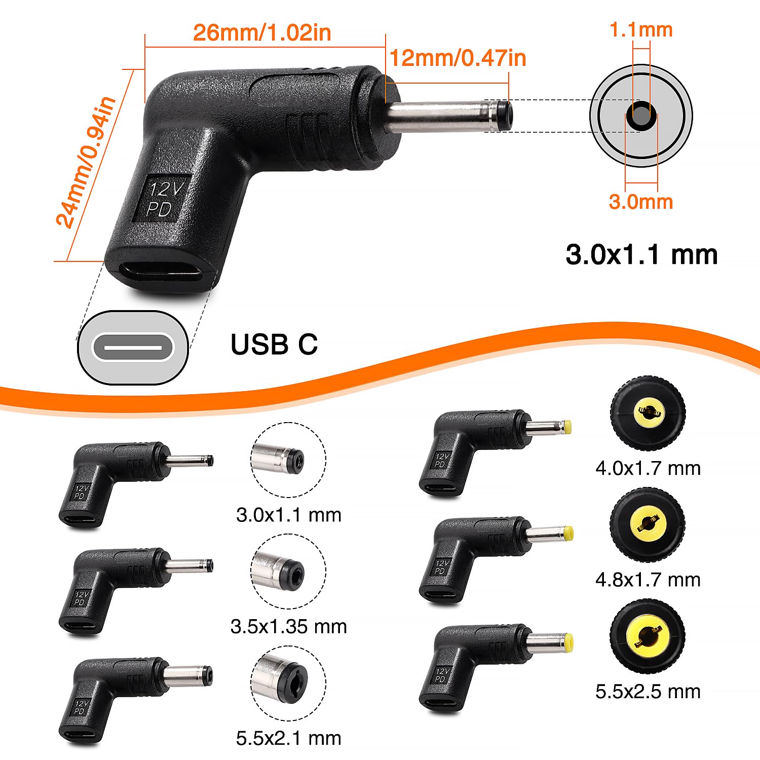 6 Sztuk USB C do DC 12V Adapter, USB 3.1 Typu C USB-C Żeński do DC Męski Adapter PD Emulator Trigger 90 Stopni Kątowy, do Routerów, Modemów Optycznych, Sprzętu Monitorującego