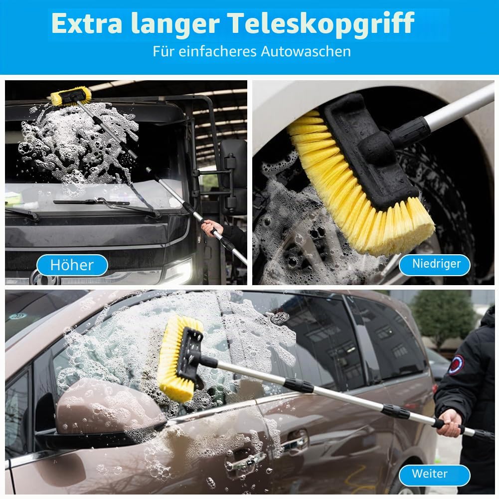 Autowaschbürste mit Wasseranschluss, Teleskop Waschbürste, Autowaschbürste mit Stiel, Waschbürste mit Teleskopstiel ALU-Teleskop mit An/Aus Schalter und1/2 Schlauchanschluss, 48-165cm, Gelb