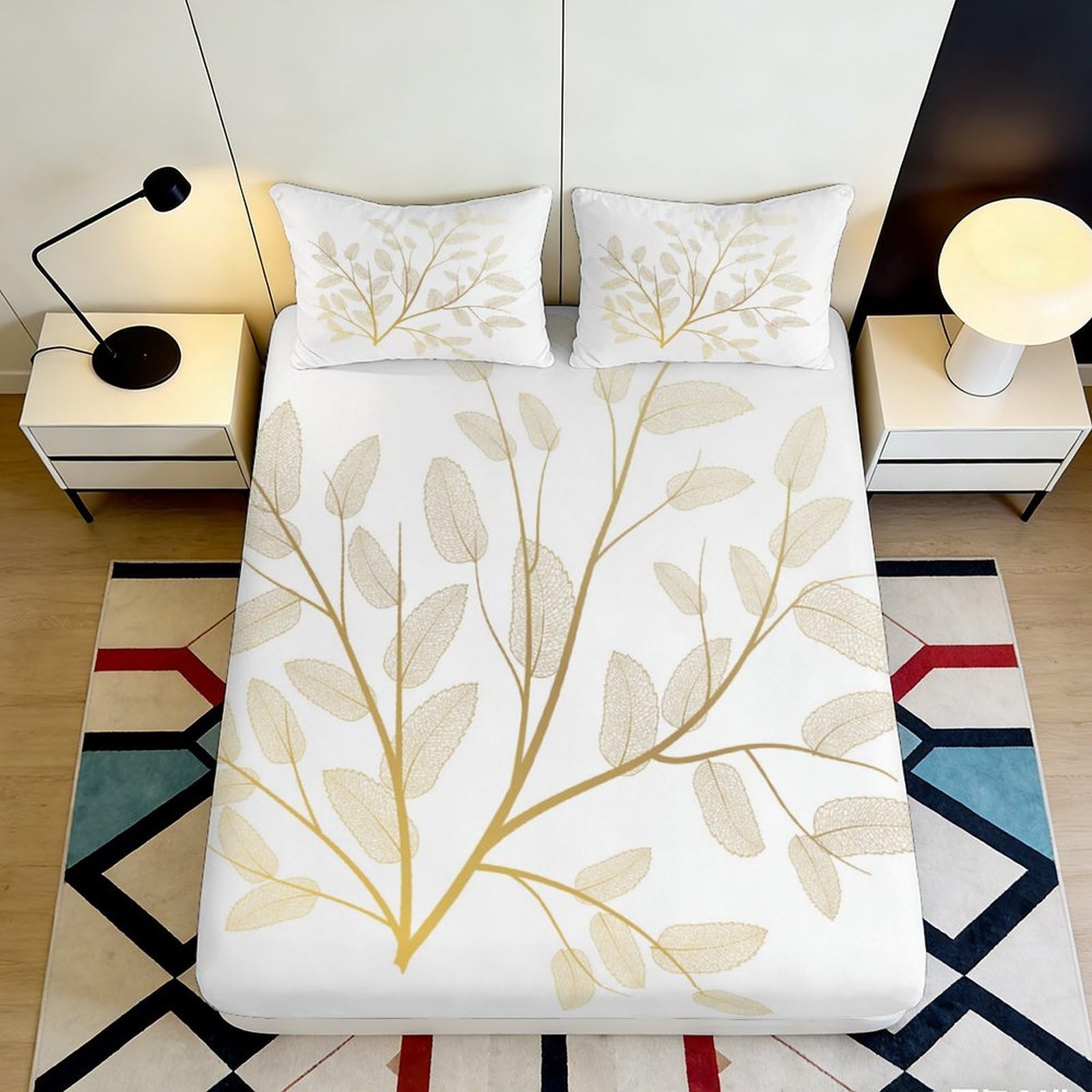 3D Printed Botanical Leaf Fitted Sheet Microfiber Soft Breathable Golden Branch Bed Cover for Bedroom Guestroom Decor 90x200x25cm
