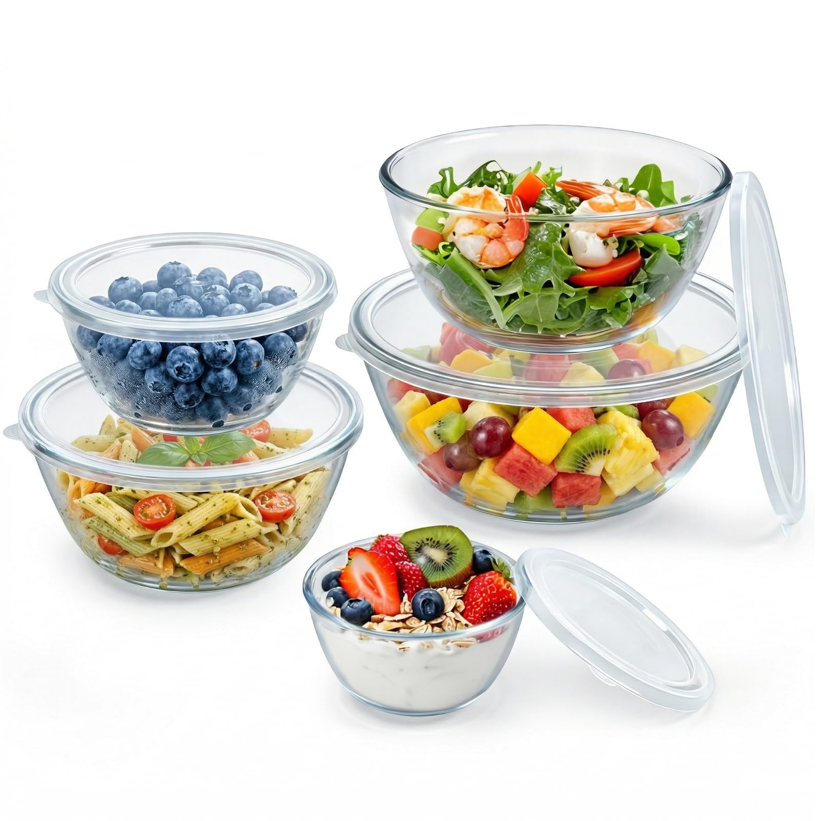 glass mixing bowls with lids set(4.7qt, 2.9qt, 2.2qt, 1.1qt, 0.53qt), 5 packs thick glass bowls set, large nesting bowls for kitchen baking, prepping, cooking, dishwasher, oven, microwave safe
