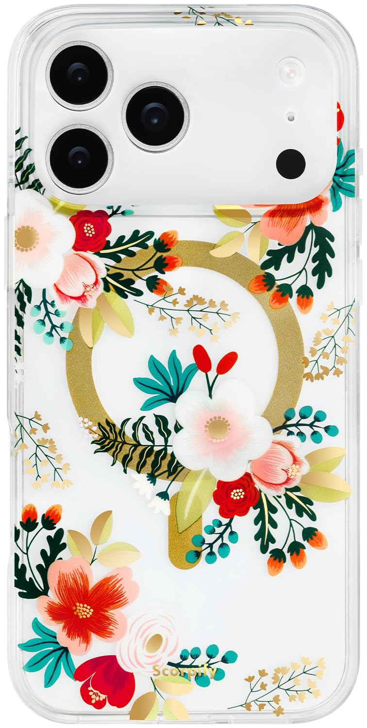 SCORPIFY for iPhone 17 Pro Case [Compatible with MagSafe] with White Primrose Floral Design, Cute Clear Flower Magnetic Phone Cover for Women Girls, Slim Shockproof Bumper with Gold Accents