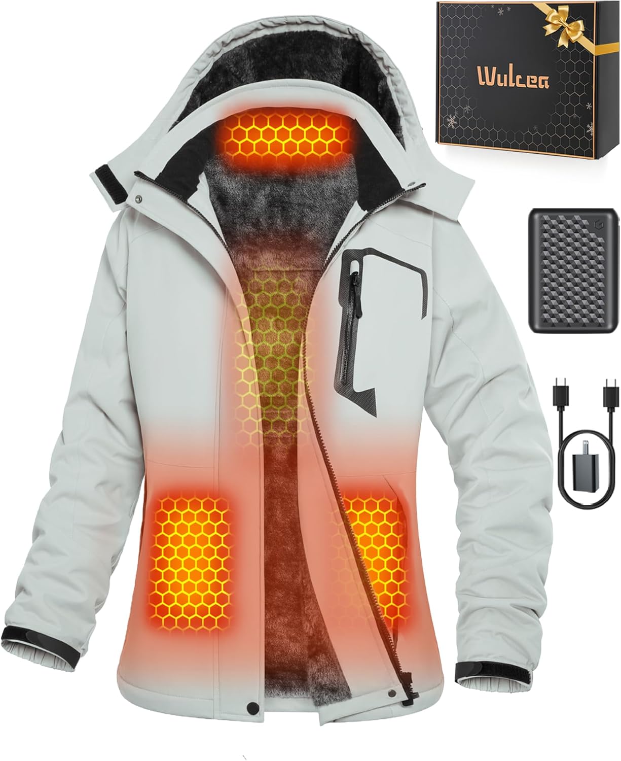 Wulcea Graphene Heated Jacket for Women Fur Lined with Large Capacity Battery Pack
