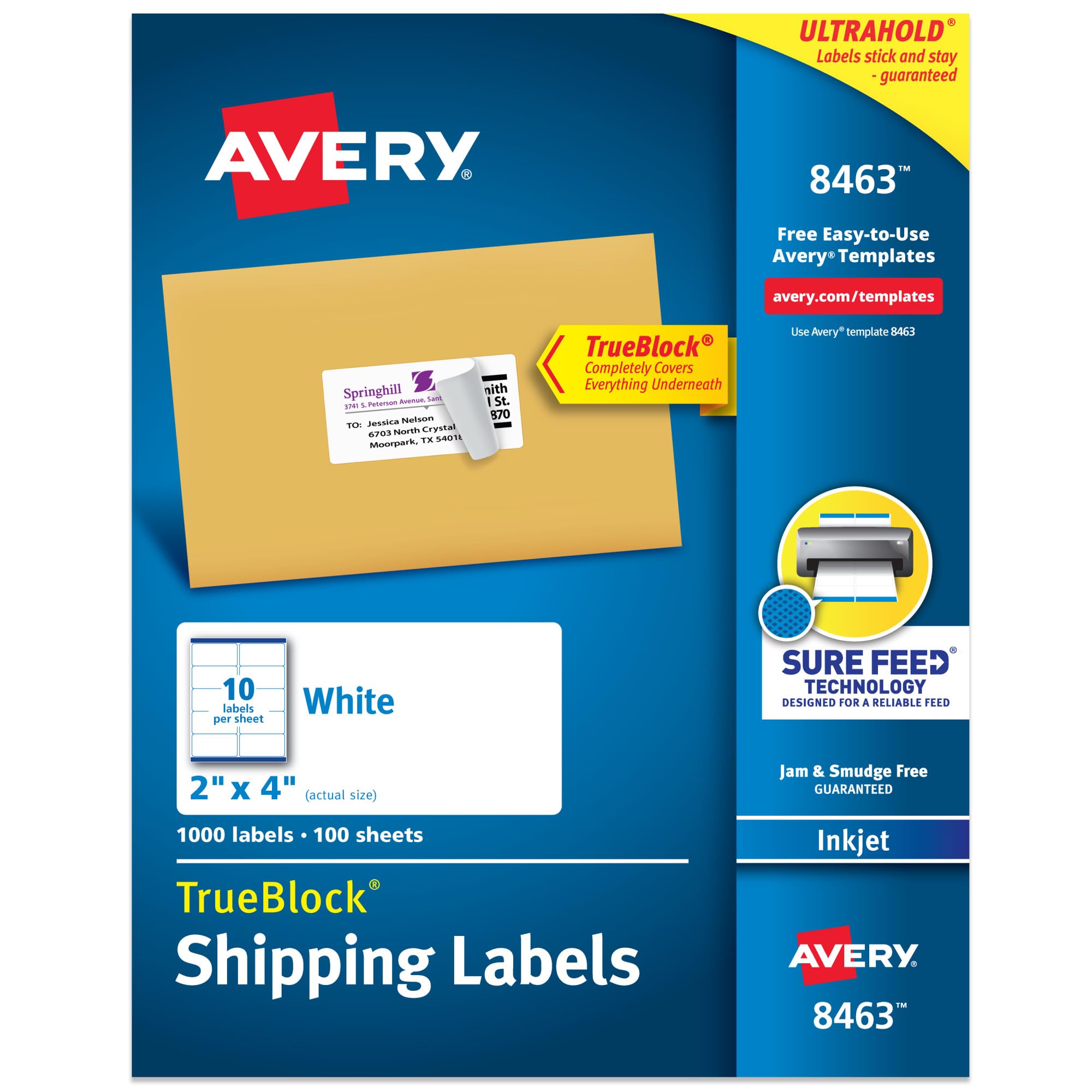 Printable Shipping Labels with Sure Feed, 2" x 4" Customizable Stickers, White, 1,000 Blank Mailing Labels, Great for Mailing, Shipping, and More (8463)