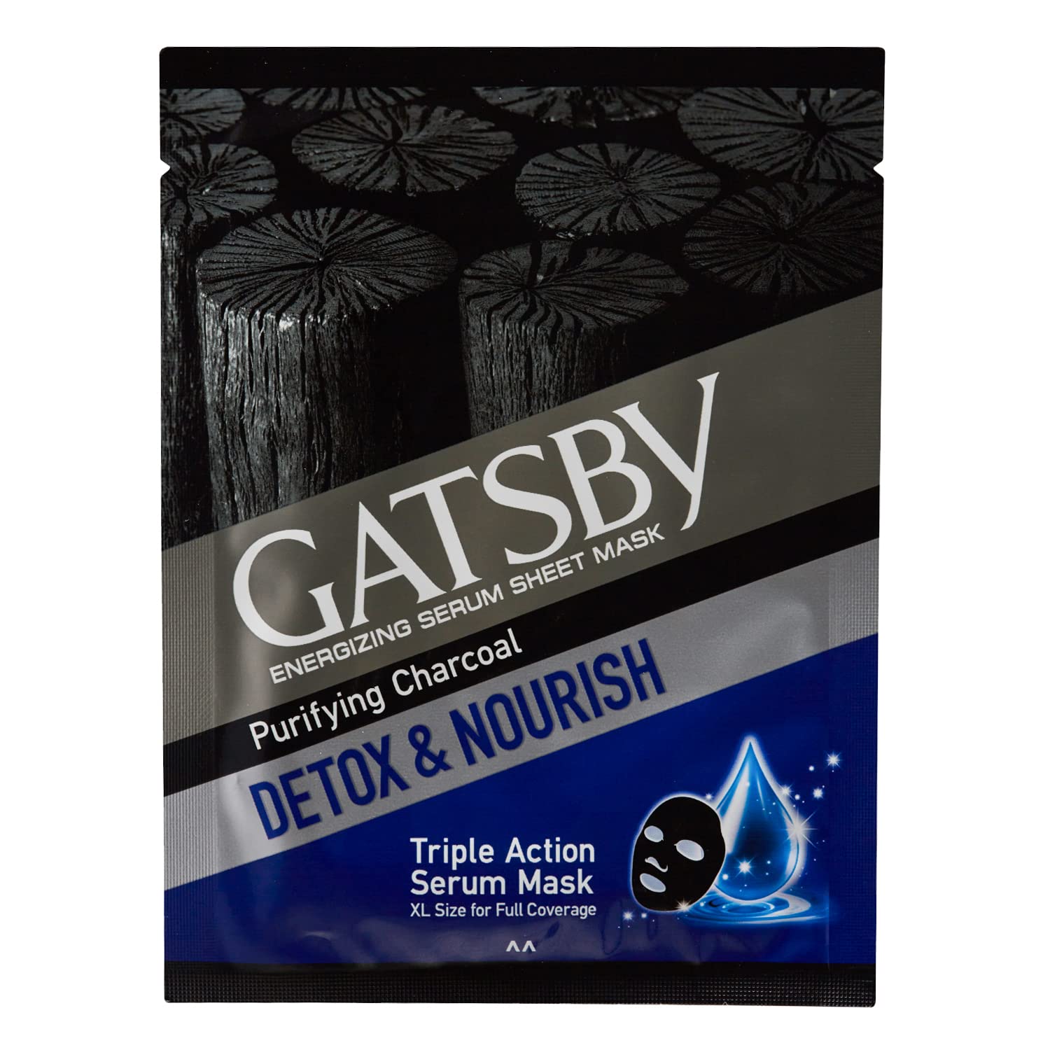 Gatsby Energizing Serum Sheet Mask - Purifying Charcoal | Detox & Nourish | Activated 100% Natural Bamboo Charcoal Sheet Mask | Triple Action Serum Face Mask | XL Size For Full Coverage