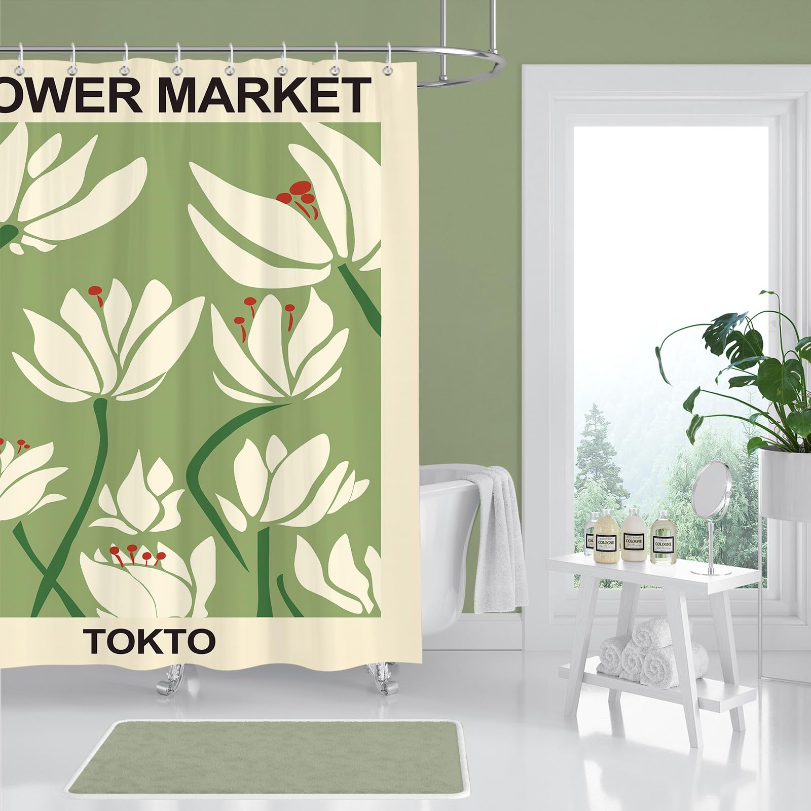 BREASOME Waterproof Shower Curtain 180 x 180 cm Green Floral Shower Curtain for Bathroom Decor Mould Proof Polyester Fabric Bath Curtain with 12 Hooks - Image 4