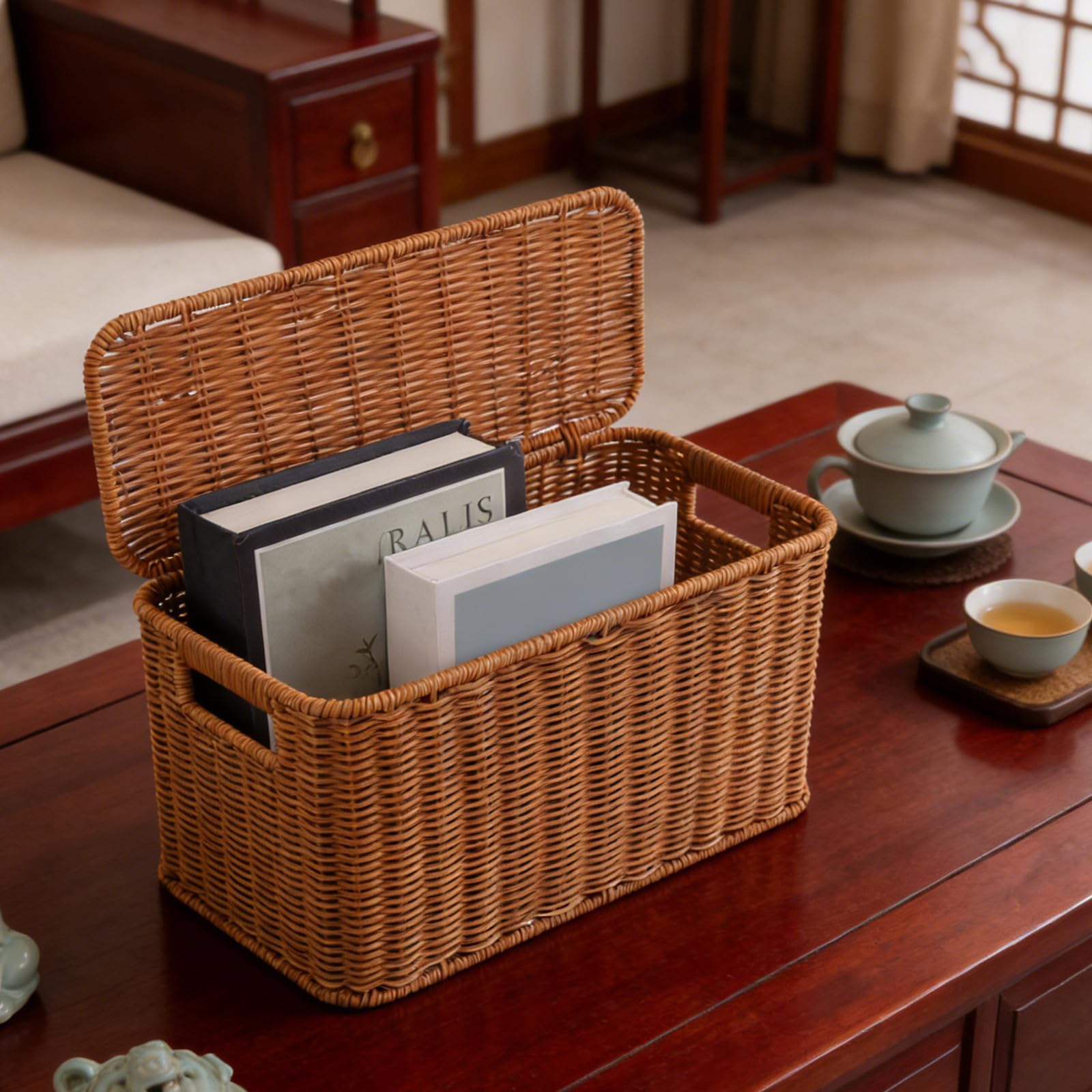 Mobestech Panier de Rangement Design et Gain de Place Étroit et Haut en Imitation Rotin avec Couvercle et Anse pour Magazines et Documents Salon ou Bureau