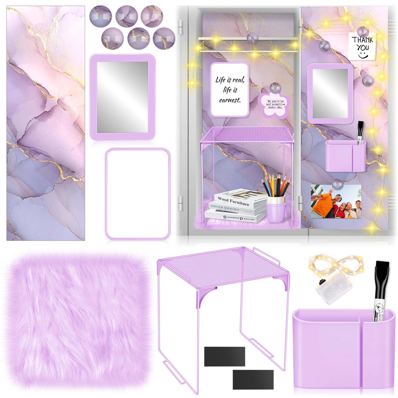 Locker Organizer Kit+Locker Magnetic Wallpaper (Purple Gold Marble)