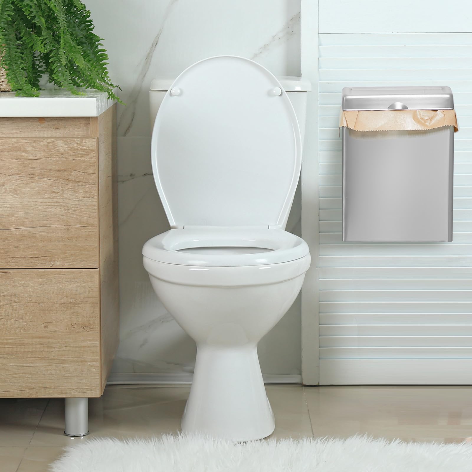 Tioncy Receptáculo de servilletas sanitarias con 100 bolsas de forro de higiene femenina, soporte de tampón montado en la pared para baño, bolsas de eliminación de servilletas sanitarias, contenedor