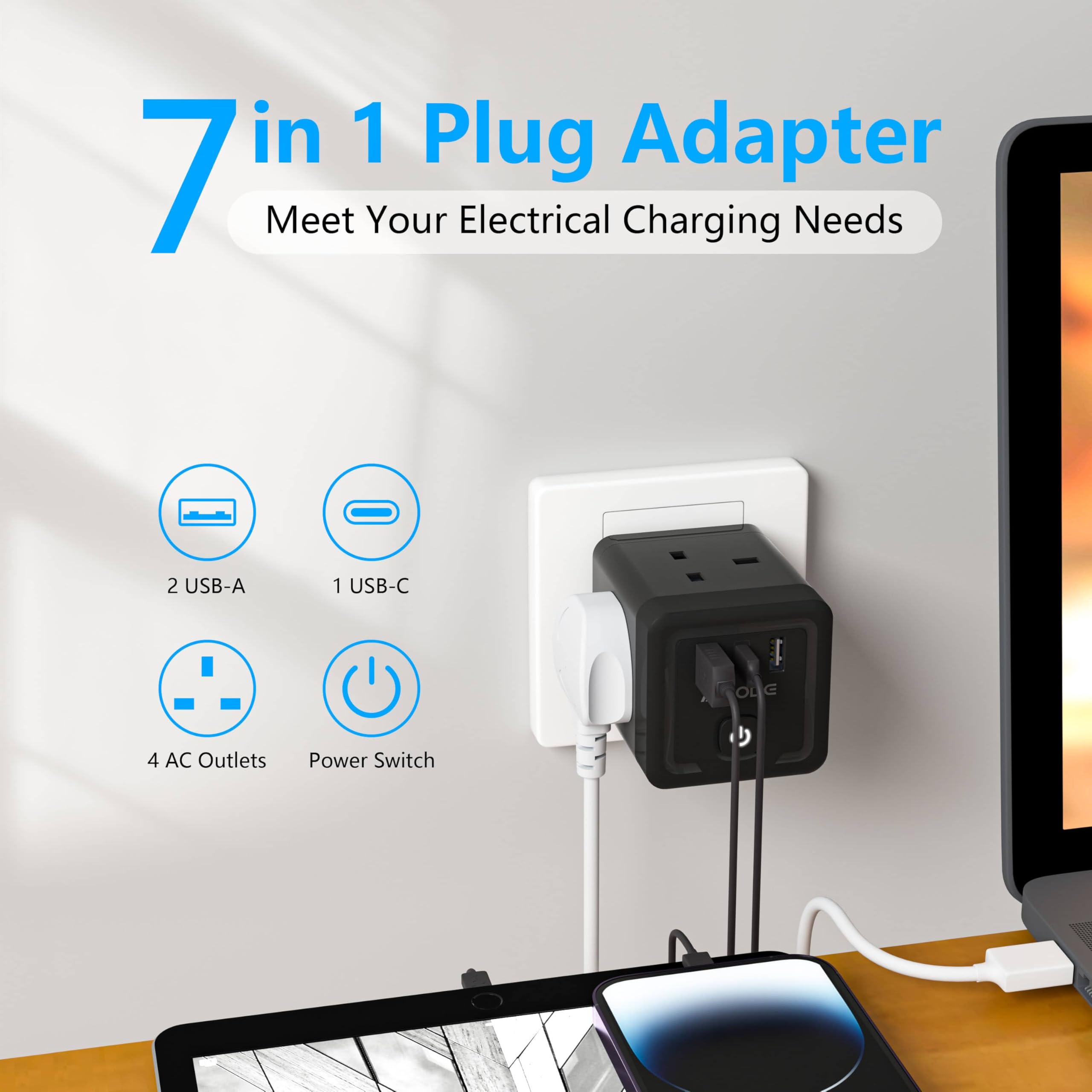 Multi Plug Adapter with 3 USB - Image 2