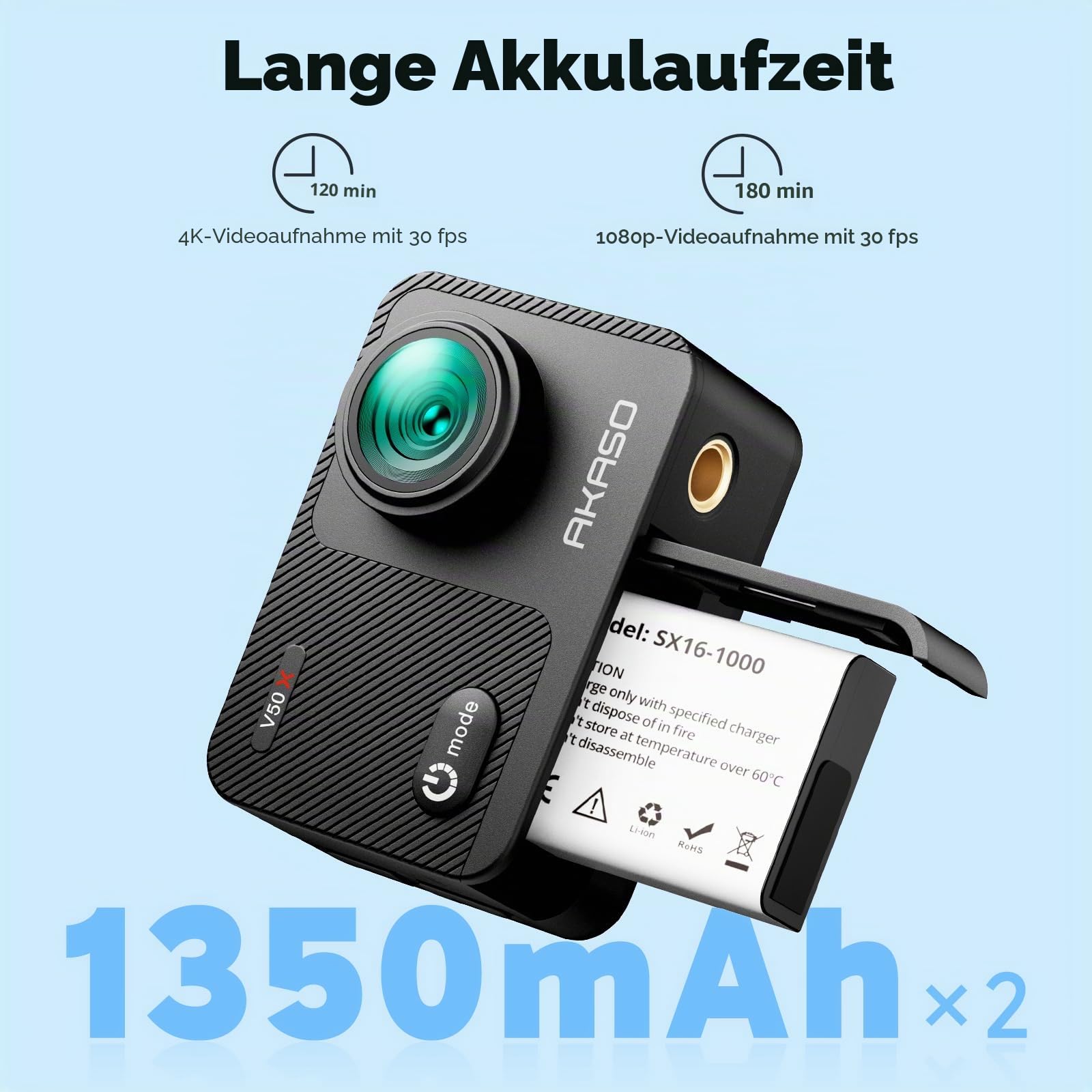 AKASO Action Cam 4K30FPS Unterwasserkamera WiFi 40M EIS Anti-Shake Action Kamera 4X Zoom mit Touchscreen, Fernbedienung, Sportkamera Wasserdicht Gehäuse,Helmzubehör-Kit V50X