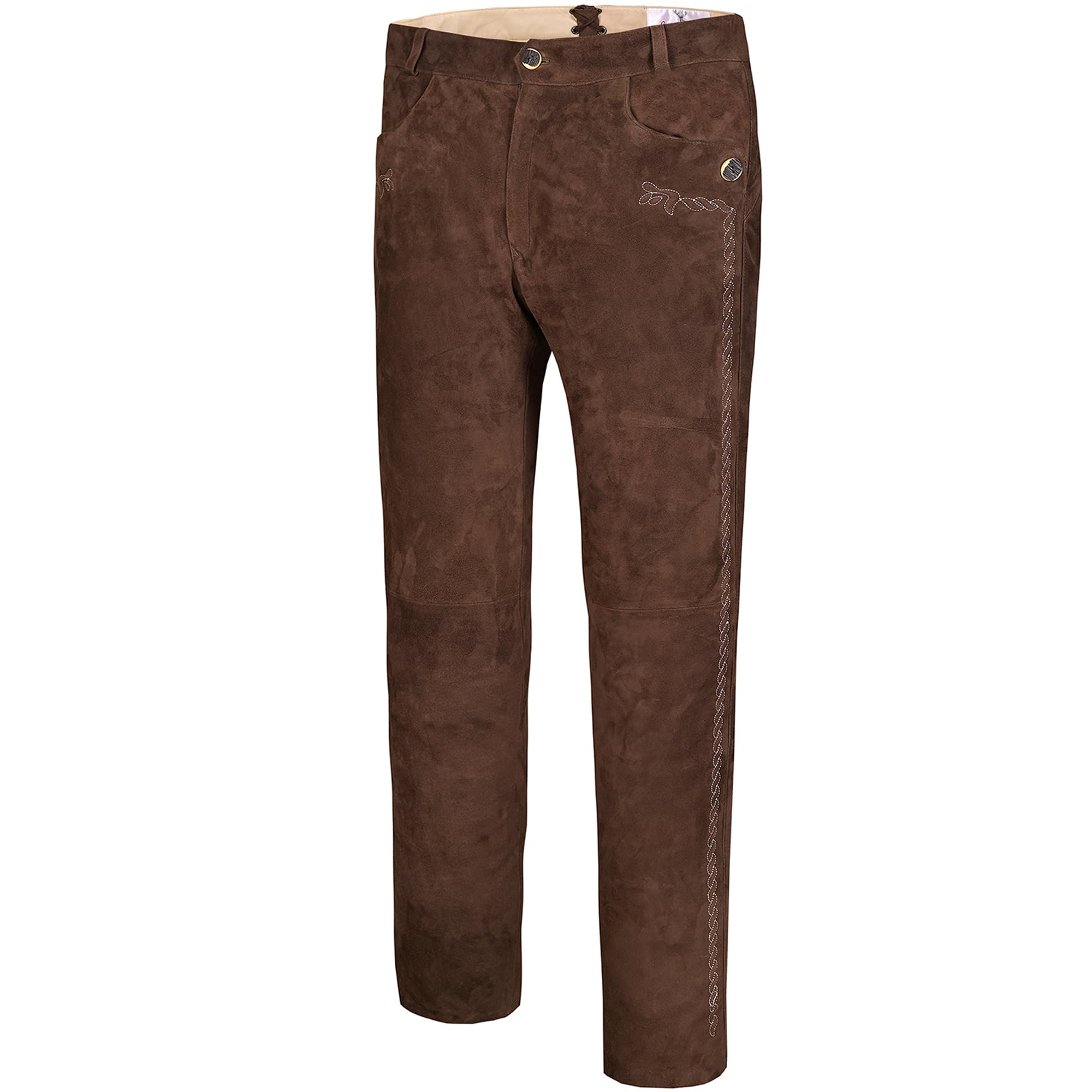 German Wear Trachten Lederhosen lang Herren aus echtem Ziegenleder – Braun mit Zopfstickerei & Gürtelschlaufen – Original weiche Trachtenhosen aus Wildleder für Volksfest & Alltag Braun