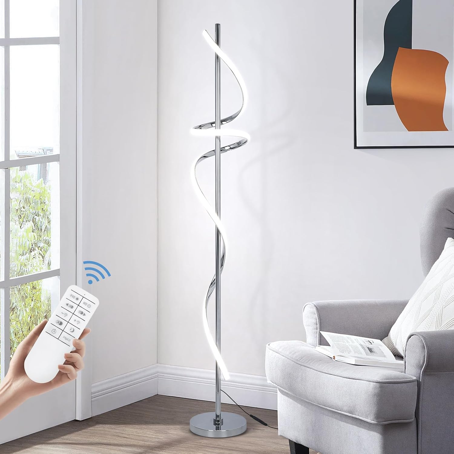 HOMCOM Spiral Floor Lamp For Living Room - 3 Adjustable Brightness, Dimmable LED, Silver