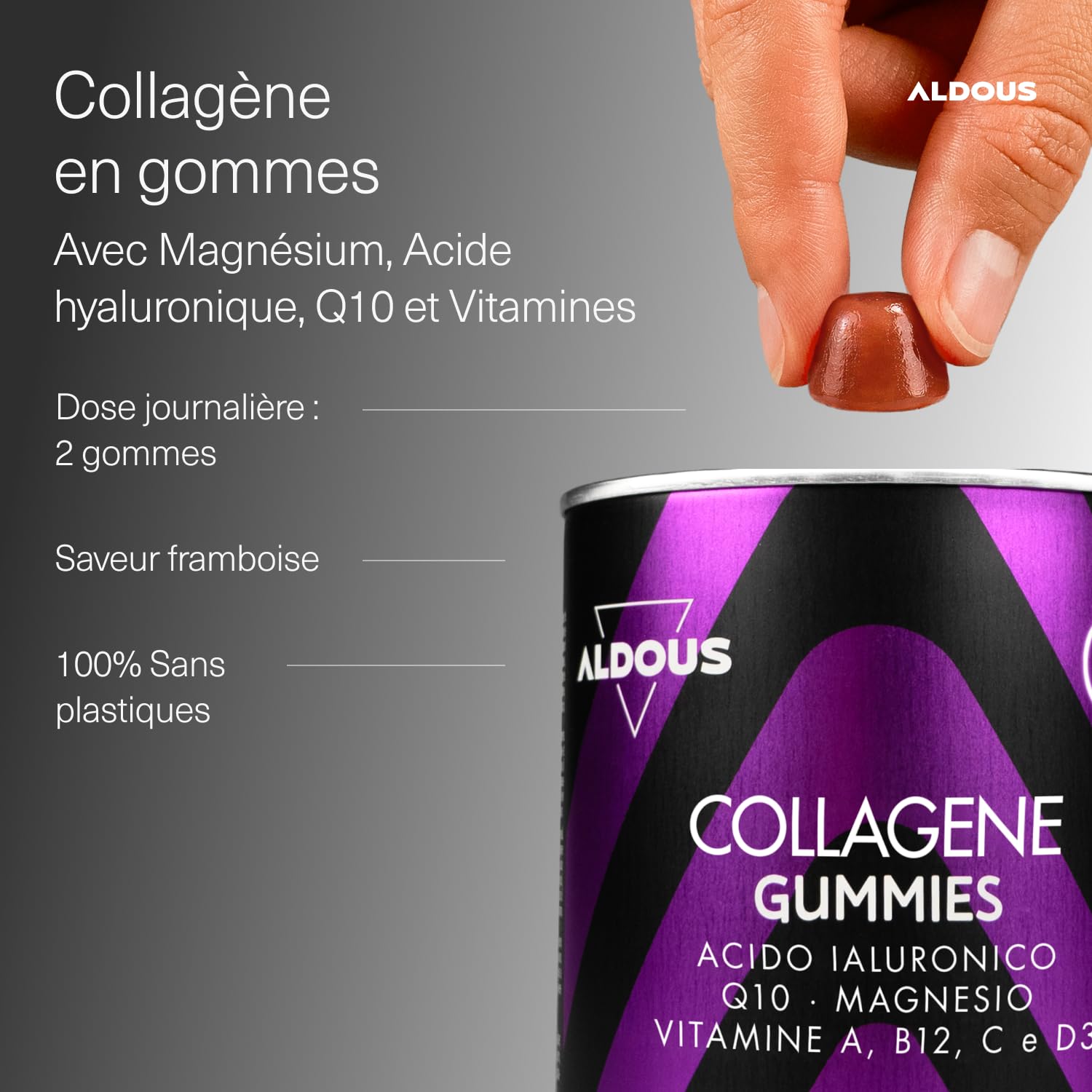 Collagène avec magnésium et acide hyaluronique - 120 gommes - Avec Q10 et Vitamines C, B12, D3, A - Collagène hydrolysé - Articulations solides, peau lisse et de l'énergie - Aldous Collagene