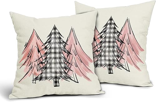 Juego de 2 fundas de almohada con diseño de acuarela para árbol de Navidad de 18 x 18 pulgadas, color rosa, negro y blanco, a cuadros, cuadradas,
