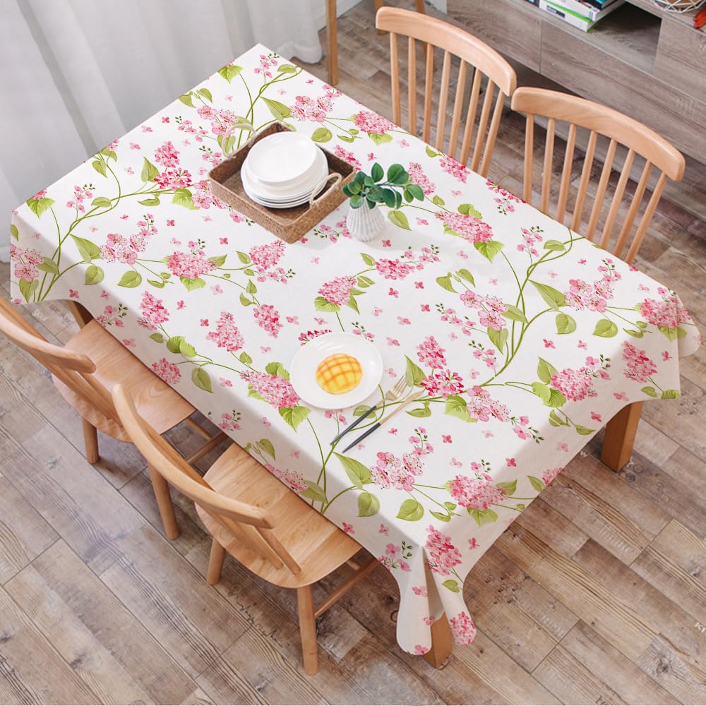 Dalexhm Floral Pattern, Pink Flowers And Green Plant - A7 Table Cloth Wipe Clean Rectangular, Wipeable Tablecloths,Dining Table Cover For Kitchen Outdoor Garden Table,Floral Pattern, Pink Flowers And Green Plants Repeat Design On White Back,54X72 In