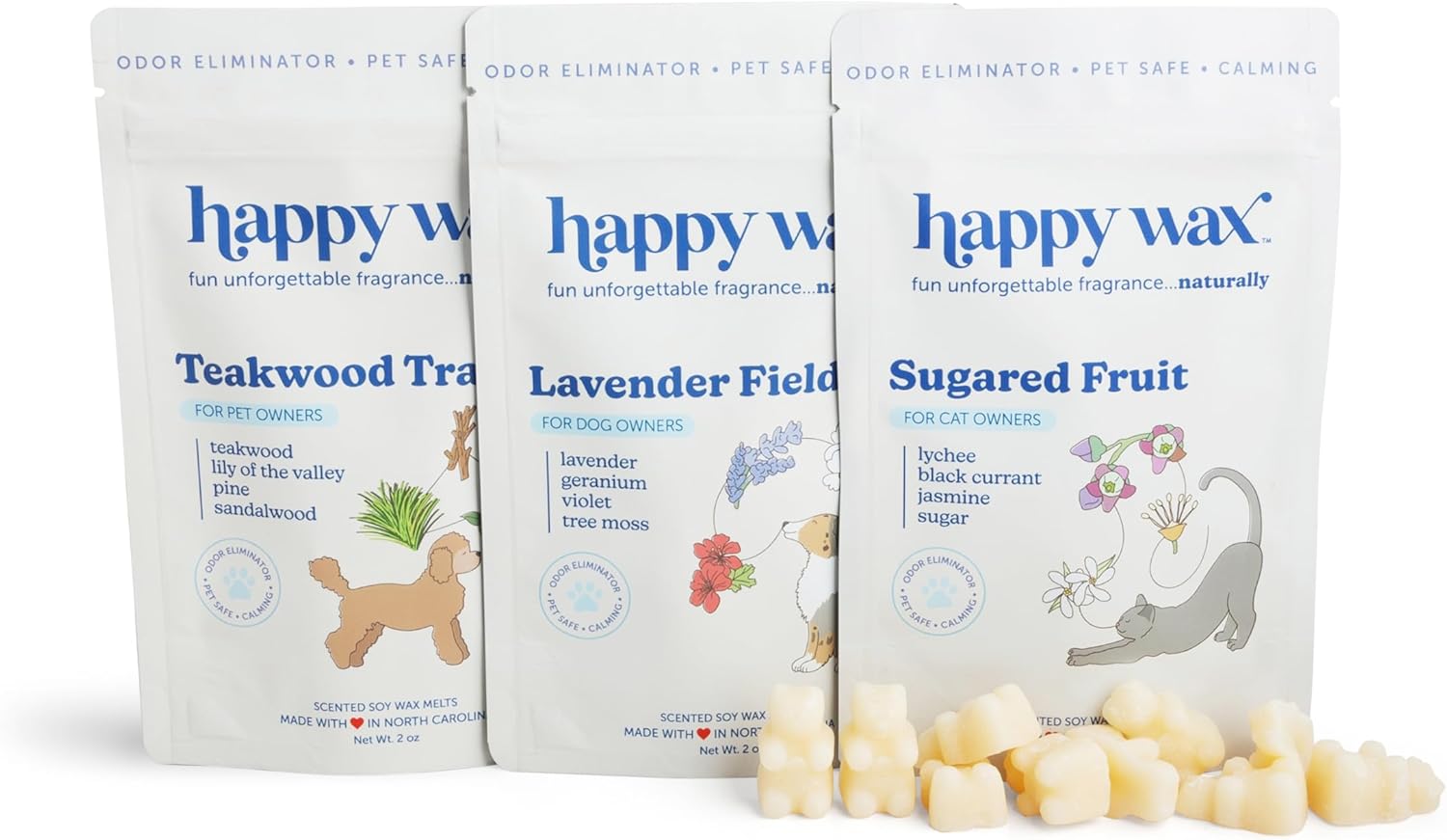 Happy Wax Pet Scents Mix Premium Scented, Non Toxic, Pet Safe, Odor Eliminating, Dye-Free Soy Wax Melts – 6 Total Oz: Lavender Fields for Dogs, Sugared Fruit for Cats and Teakwood Trails for Pets