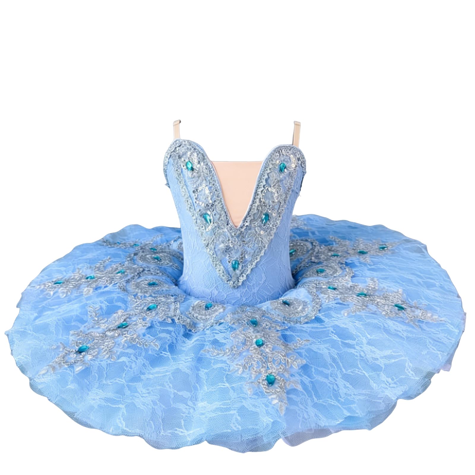 Omfpafeu Girls Blue Embroidery Professional Ballet Tutu Swan Lake Pancake Tutu Ballerina Party Dance Costume Ballet Competition Dress,,170
