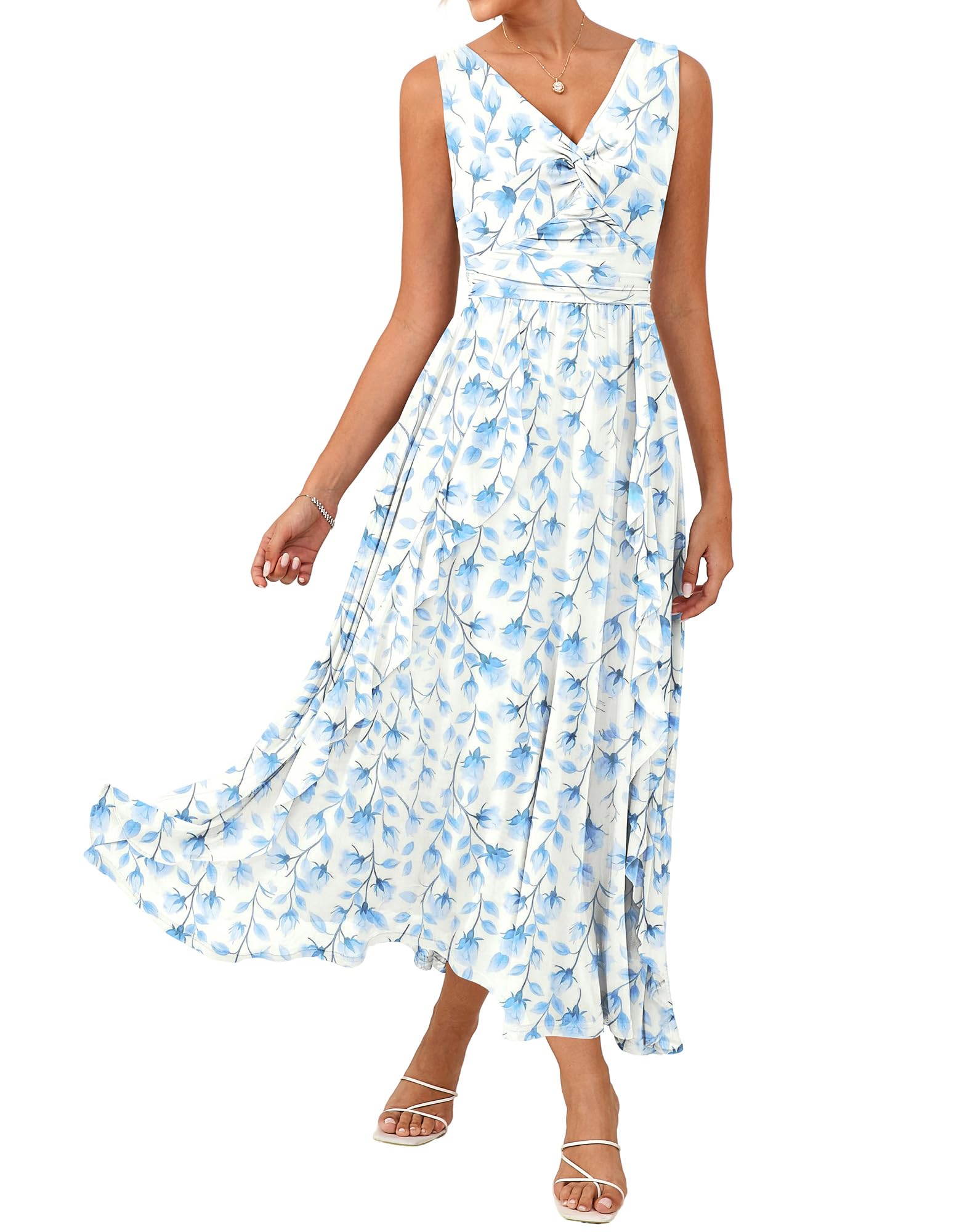 GRACE KARIN Vestido de verano sin mangas con cuello en V para mujer, cintura fruncida y dobladillo con volantes
