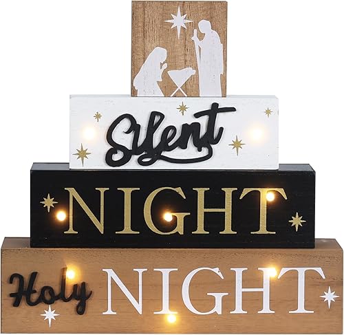 Juego de Belén para Navidad en interiores, MEETYAMOR de gran tamaño, LED, 4 capas, bloque de madera, letrero de noche santa silenciosa, decoración