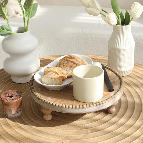 Miniatura 6 de SwallowLiving Bandeja redonda rústica de madera con borde de cuentas para decoración de cupcakes con acabado de madera para pasteles y artículos