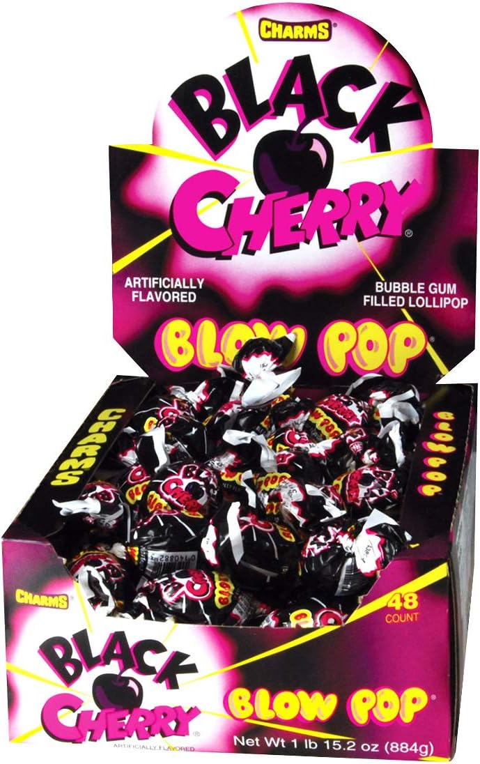 Charms Blow Pop Lollipops - Individually Wrapped Dual Candy and Gum Suckers - Peanut Free, Gluten Free - Bulk Treat for Kids and Adults โ Black Cherry, 48 Count (Pack of 1)