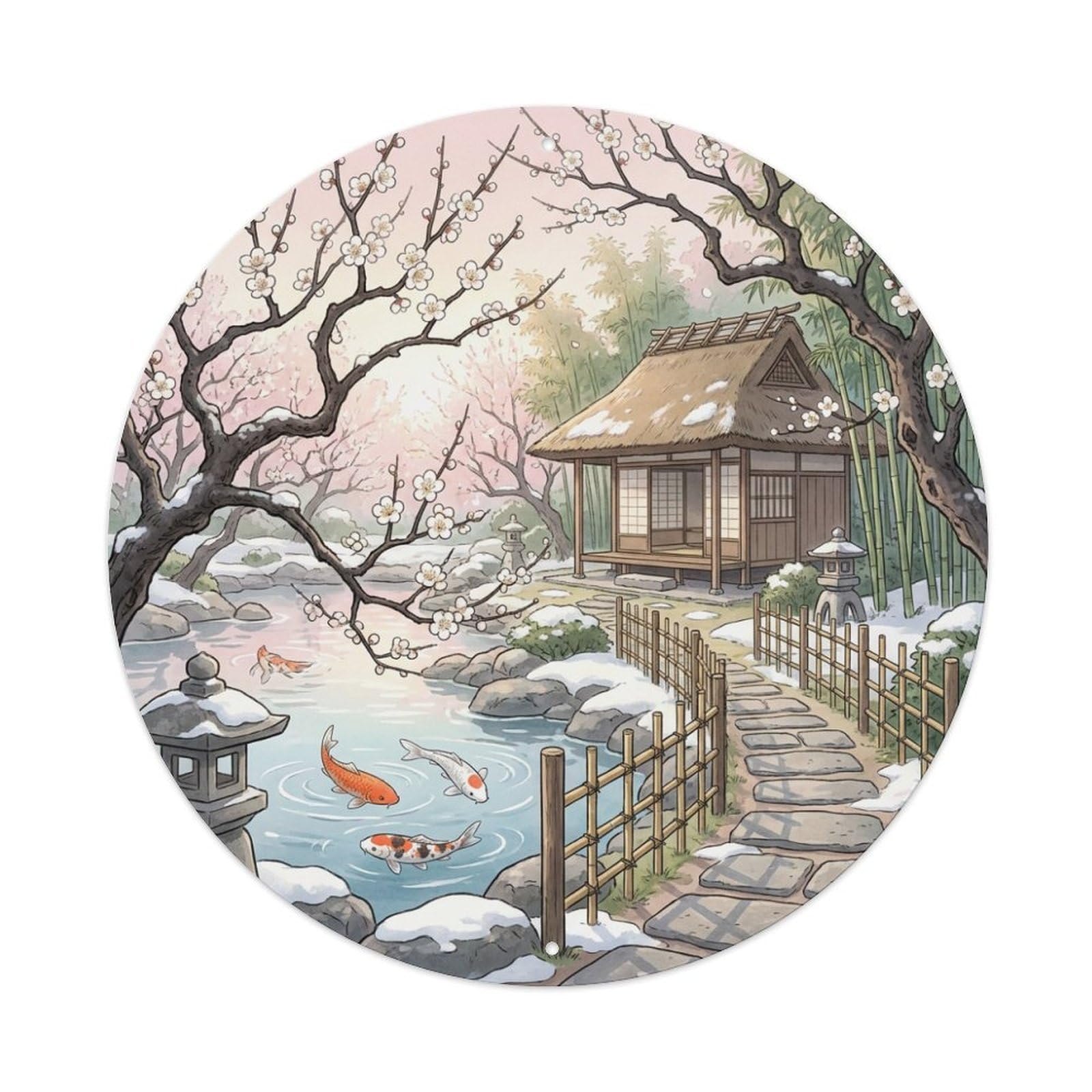 Galvaxio Style Japanese Koi Fish Flowering Plum White Petals Metal Tin Sign