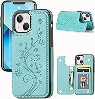 Vista 13 de Funda tipo cartera compatible con iPhone 13, funda protectora delgada con tarjetero, cuero PU con soporte y ranuras para tarjetas con un cristal