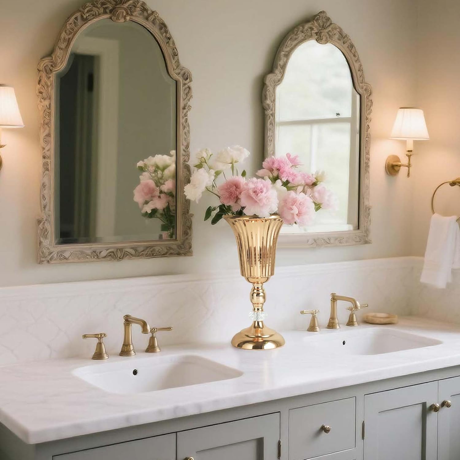 2PCS Gold Metal Wedding Flower Trumpet Stripe Vases Crystal Table Centerpieces for Artificial Flower Arrangements for Anniversary Celebration/Wedding/Party/Birthday Event Aisle Home Decor