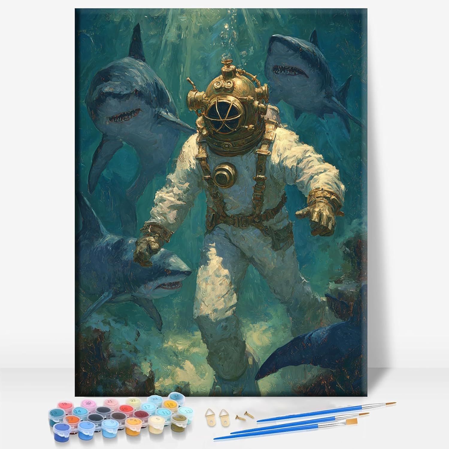 HUINORYA Diver Special Occupation Framed Canvas DIY Paint by Numbers Kit Bar Cafe Cave Home Room Wall Bathroom Porch Patio Decor Gift, 16 x 12 Inch