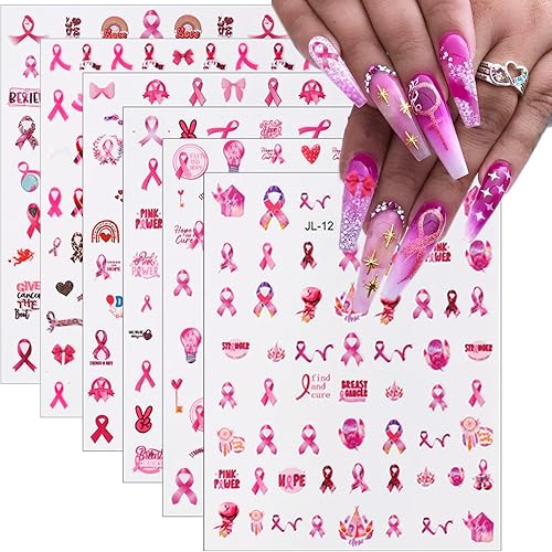 Calcomanías de arte de uñas de cáncer de mama, calcomanías de uñas de cinta rosa, lazo de corazón de amor 3D, calcomanías autoadhesivas para diseño