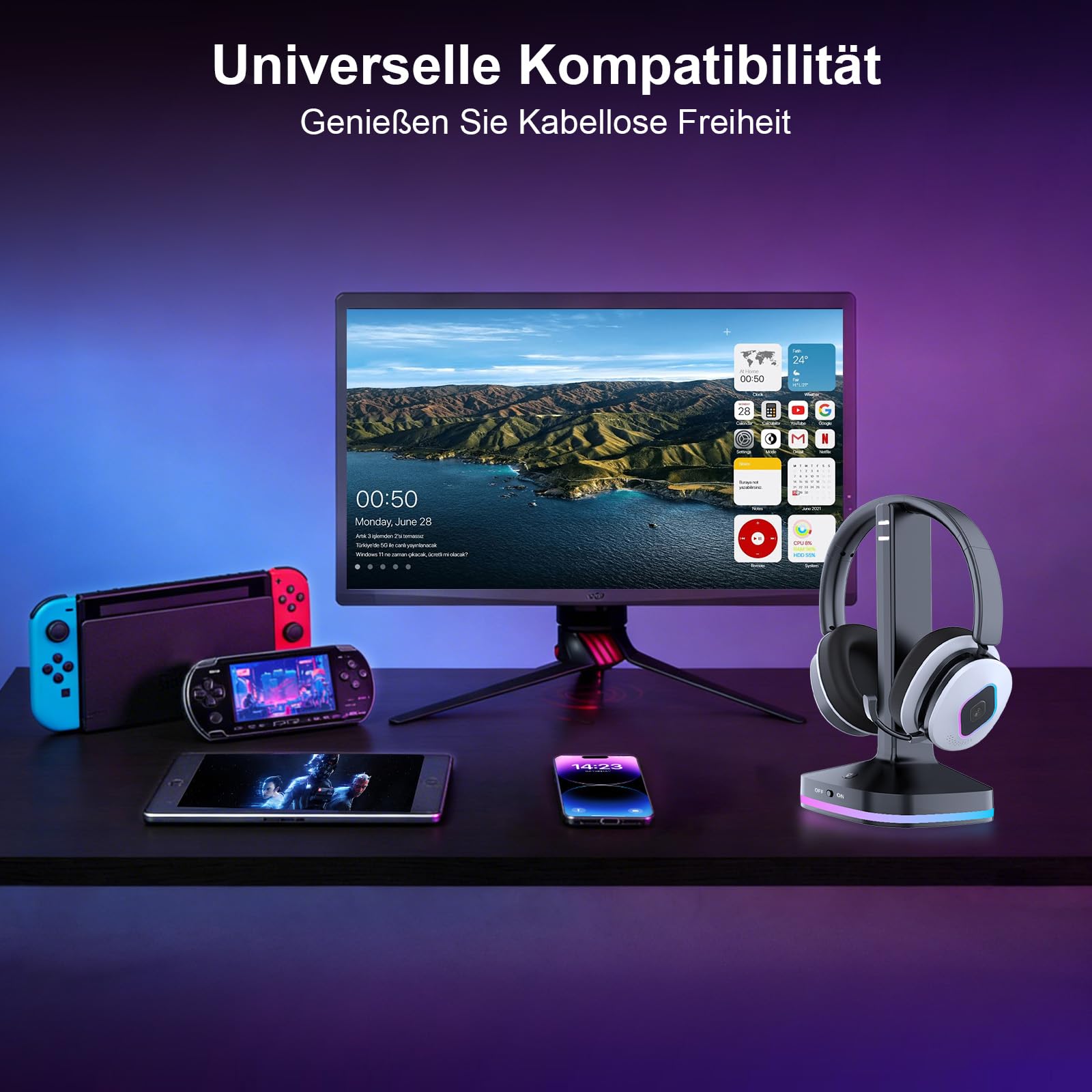 Earbay 2.4GHz Wireless Gaming Headset mit Bluetooth Kopfhörer Für PS5, PS4, PC, Switch, Xbox & Laptop, 6.0 Bluetooth Gaming Headset mit Mikrofon, klappbarem Mikrofon, 40h Akku, RGB-Ladestation