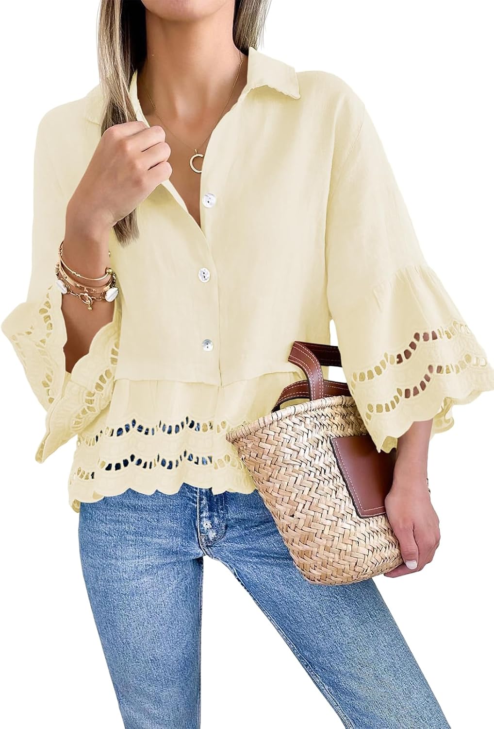 Cicy Bell Womens 3/4 Bell Sleeve Button Down Shirts Casual Ruffle Hem Tops Eyelet Blouse - Image 3