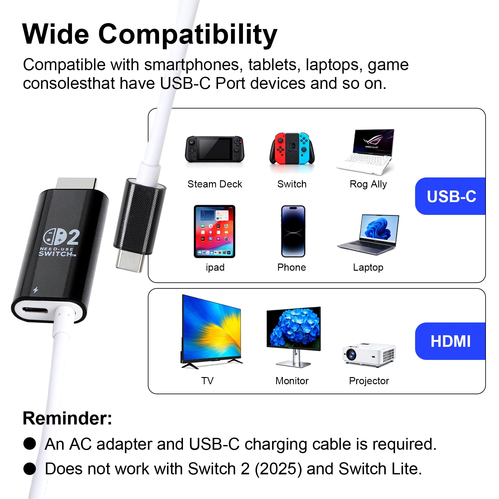 HENGBIRD Adattatore da USB C a HDMI, 2 m, 4 K a 60 Hz, 100 W, ricarica PD, docking station portatile di ricambio per switch 2/1/OLED, modalità TV plug & play per switch, iPhone, Steam Deck, MacBook