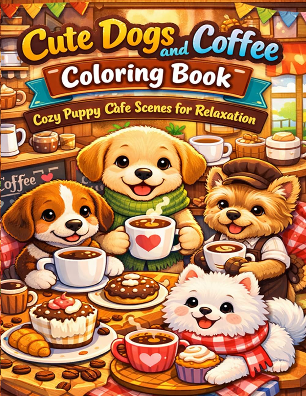 Cute Dogs and Coffee Coloring Book: Cozy Puppy Cafe Scenes for Relaxation: Adorable Dog Cafe Coloring Pages for Stress Relief Relaxation and Creative Fun
