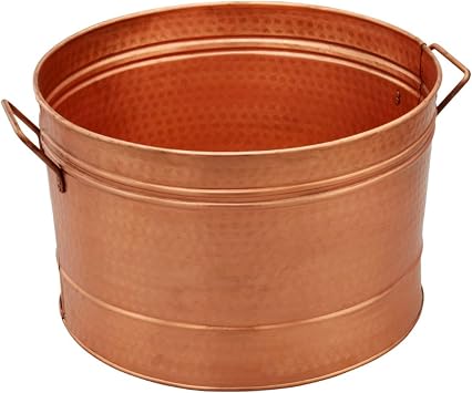 Benzara HGM008 Hammered Pattern Galvanized Farmhouse Style Tub, Copper Finish, Rustic Beverage Cooler Bucket with Handles for Parties, Patio, Garden, Outdoor Entertaining and Home Decor