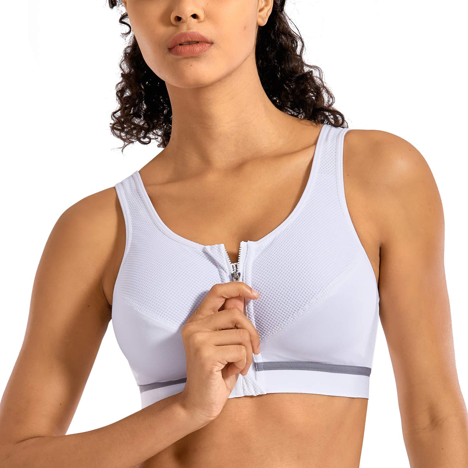 Women's High Impact Wireless Cross Back Support Front Zip Sports Bra, White, 100E