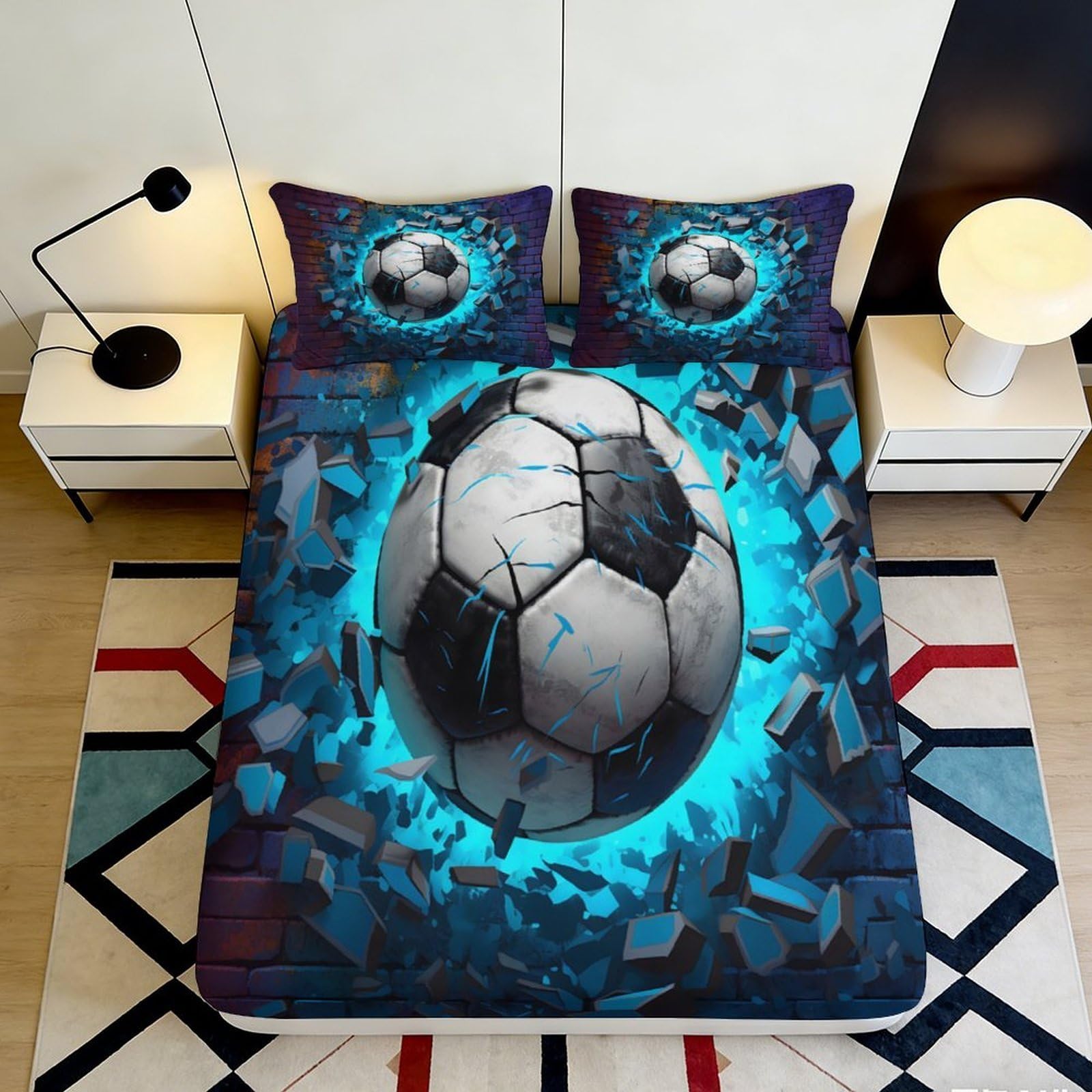 3D Printed Soccer Explosion Fitted Sheet Microfiber Soft Blue Bed Cover for Bedroom Guest Room Mattress Decor 90x200x25cm