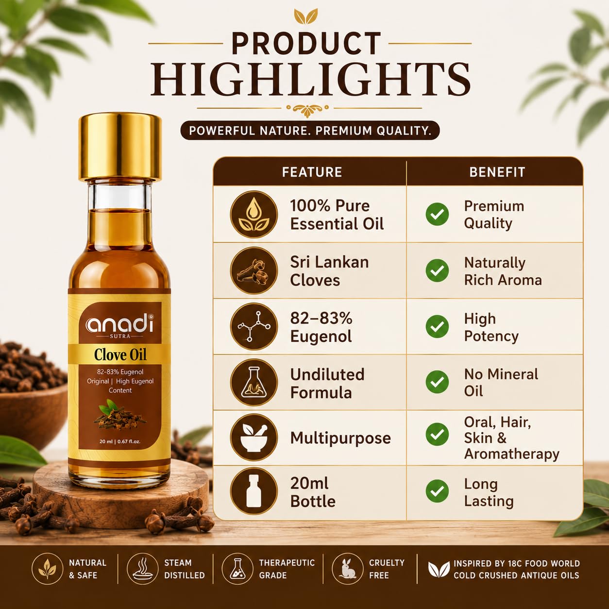 Anadi Sutra Pure Clove Essential Oil 20ml | Natural Lavang Oil (Laung Tel) | Lab Tested 75β80% Eugenol Sri Lankan Clove Oil | Undiluted Oil for Teeth, Gums, Oral Care, Skin, Hair, Acne & Aromatherapy 1