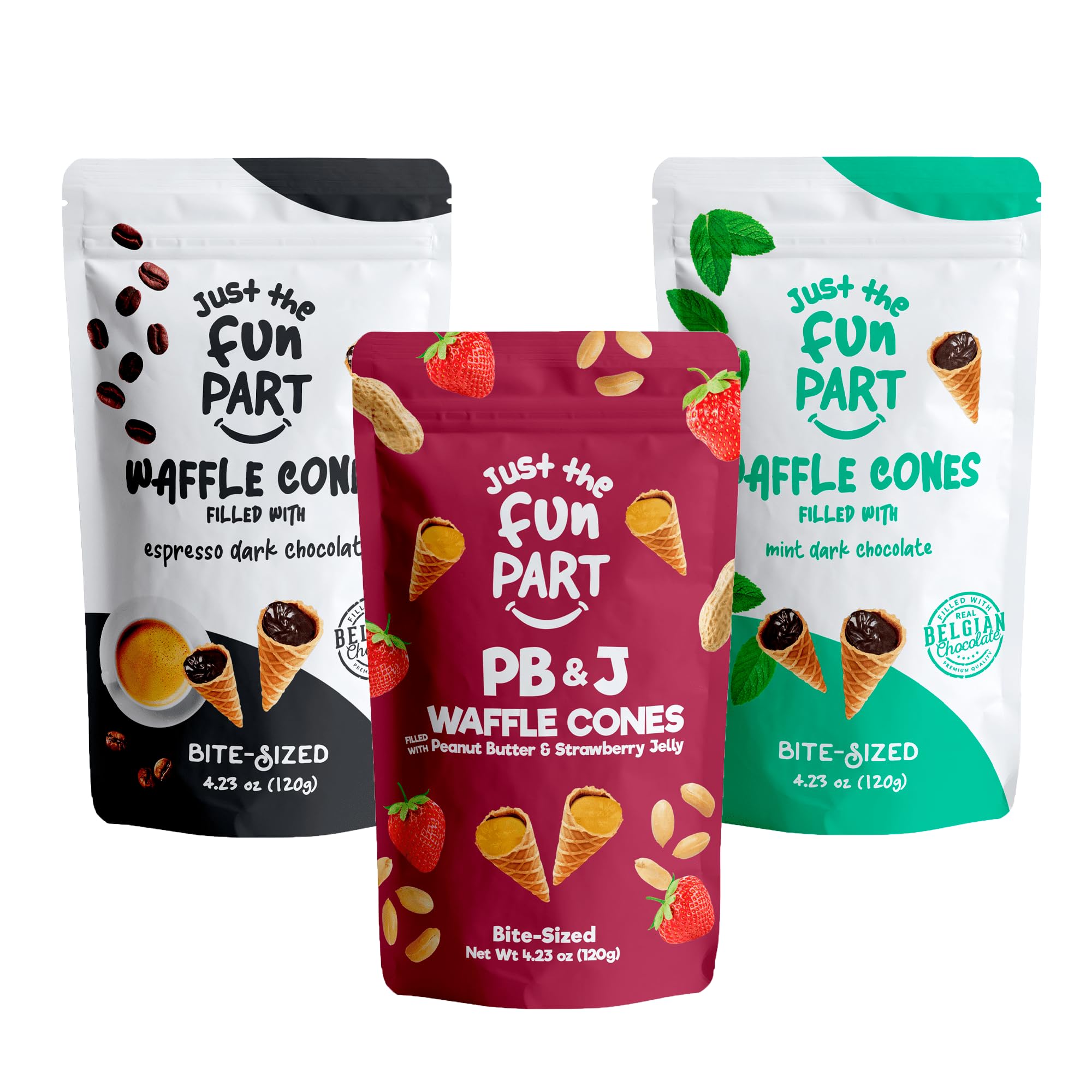 Just The Fun Part, Bite-Size Crispy Mini Waffle Cones with Premium Belgian Chocolate, Great for Snacks, Dessert, Grab & Go - Kosher (Espresso, PB & J, Mint)