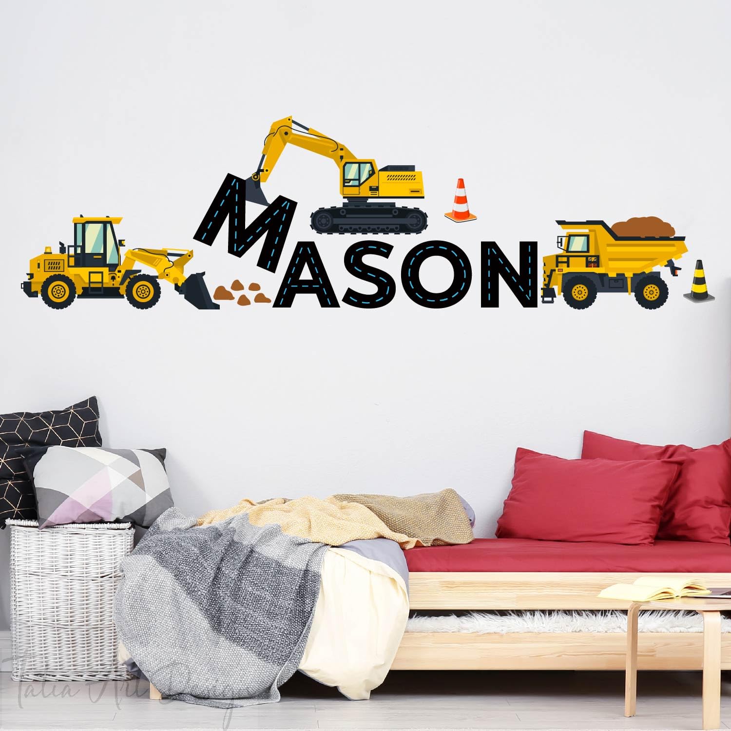 Custom Name Excavator Truck Construction Truck Wall Decal, Wall Sticker For Kids Room