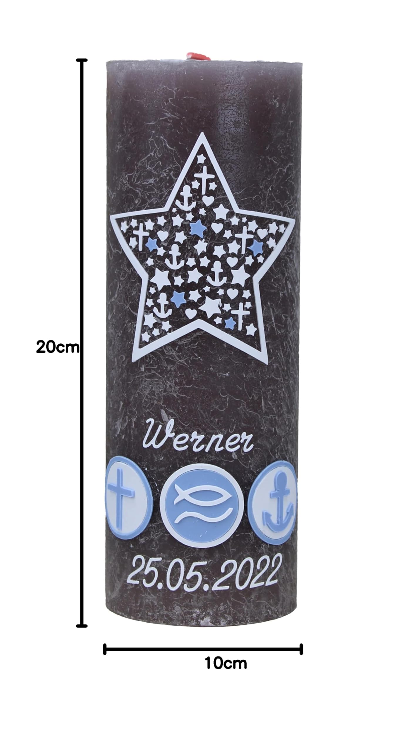 Taufkerze WERNER mit Name und Datum, individuell und handverziert 1494