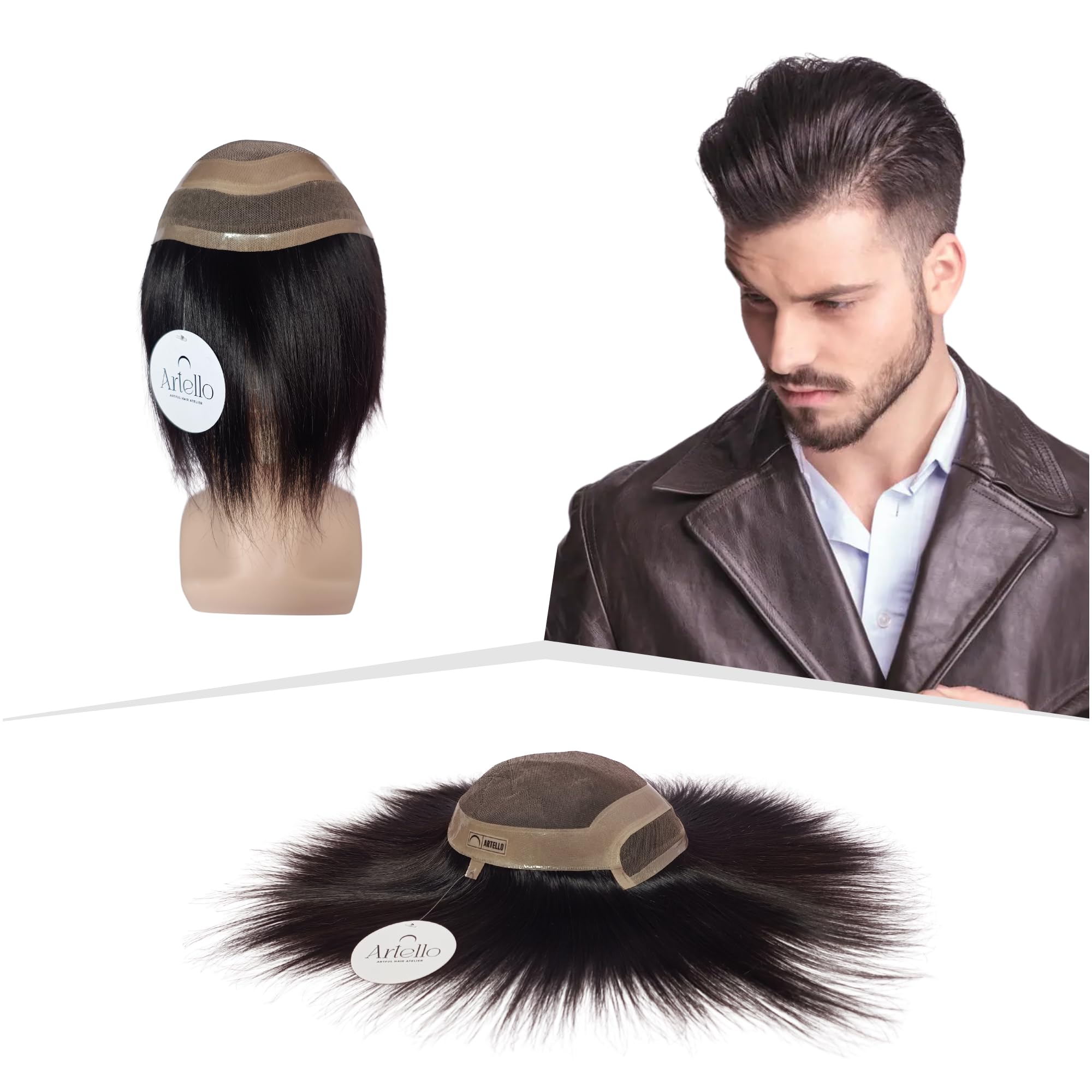 Artello® FRONT LACE Smart Hair Patch for Men, Smooth Frontline Hair Wig in 100% Natural Human Hair, Frontal Hairline for Real Looks, 3D Premium Base (Colour: Natural Black) (8x6)