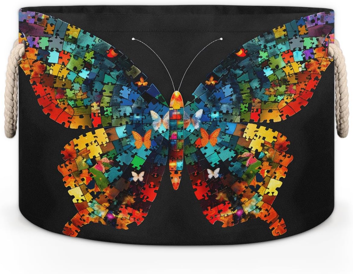 Large Round Laundry Basket Autism Rainbow Butterfly Toy Bins Organizers and Storage for Girls Canvas Collapsible Blanket Storage Basket Laundry Hamper Gift Baskets Bedroom Clothes Children Nursery