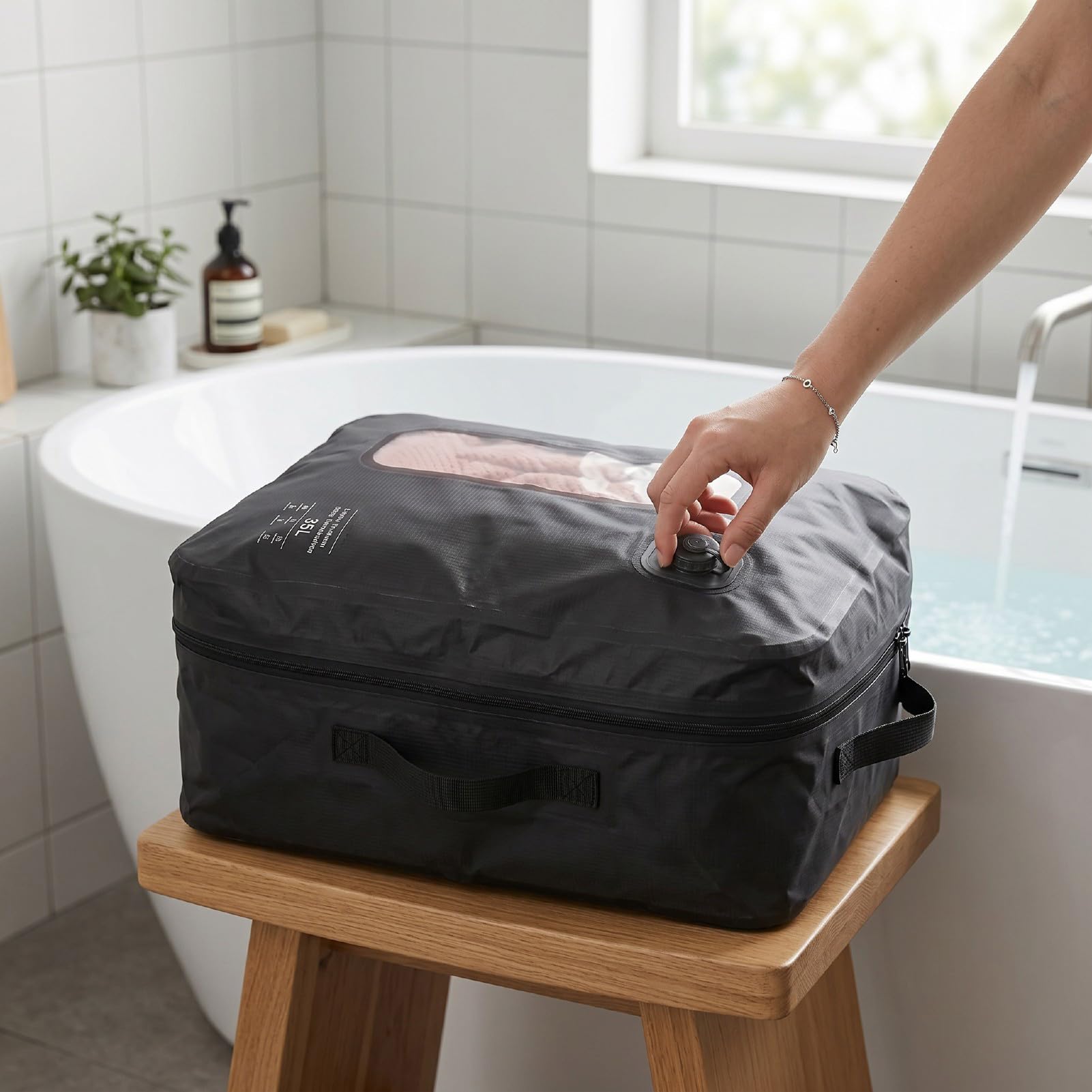 SIXRUN Bolsa de Compresión Al Vacío Bolsa de Almacenamiento de Viaje Reutilizable de 35 L con TPU y Válvula Unidireccional de Nailon 210D Cremallera IP67 para Organización de Equipaje Camping y