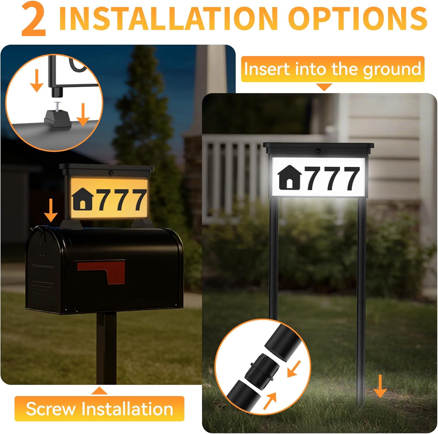 LumiZen New Upgraded Solar Address Sign,Double Sided Glow House Numbers with Auto On/Off, 3-Color Lighting Modes Mailbox Number Plaque Waterproof, Dual Stakes for Home Yard Driveway-2pack