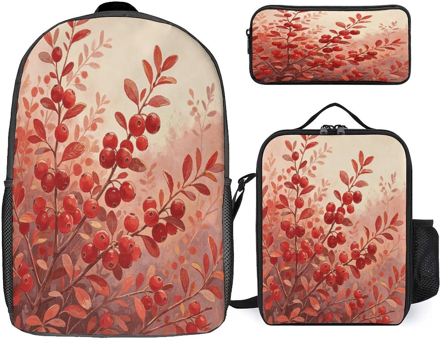 Warm Red Shrub Printed 3 Piece Travel Set, 17 Inch Lightweight Casual Daypack with Insulated Shoulder Bag And Accessory Pouch, Versatile Daily Carryall Kit for Commuting And Outdoor Trips