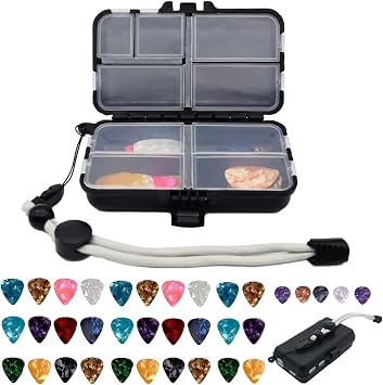 Guitar Pick Holder with 35 Picks in 4 Sizes 4 Thickness Celluloid Guitar Pick, Guitar Picks Set 9 Grids Case Portable Picks Organizer Box with Adjustable Nylon Wrist Strap Lanyard, Portable