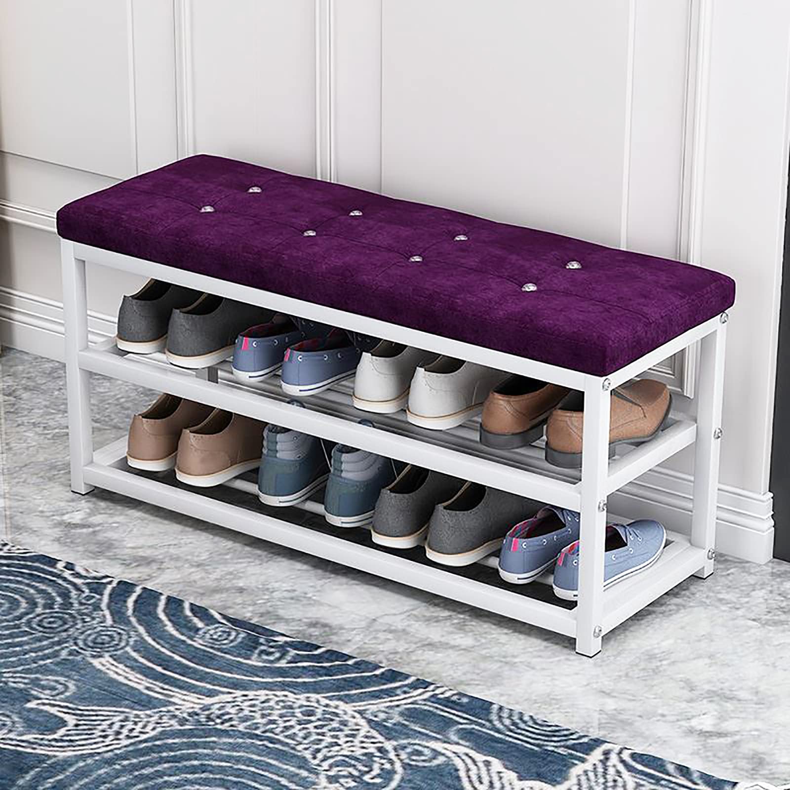 Banc à chaussures en velours de 90 cm avec étagère en métal pour entrée