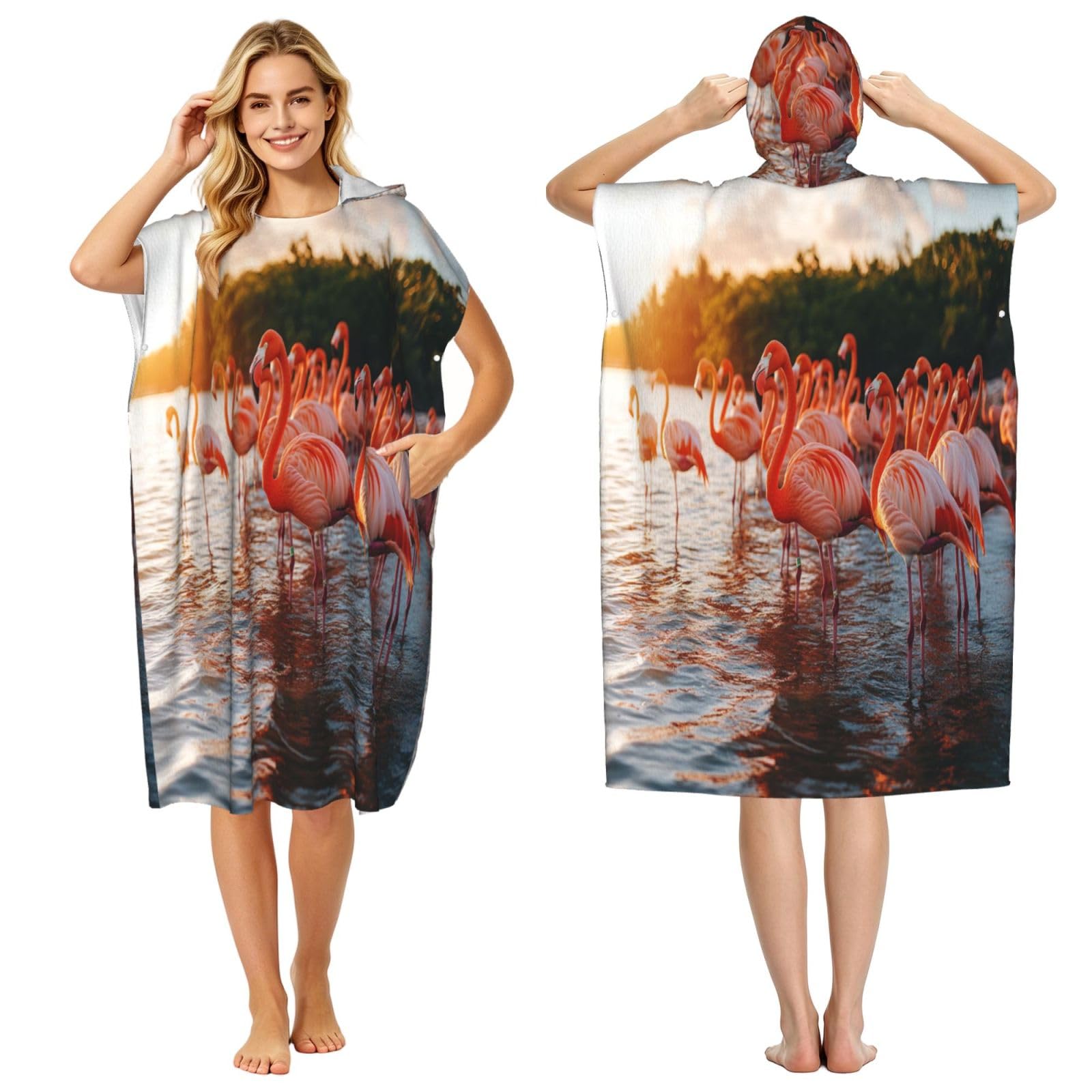 KLGRTJHK Tropical Paradise Flamingo Adult Hooded Beach Poncho Towel 43"X35"